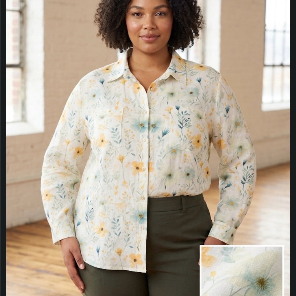 Cottagecore Floral Linen-Look Shirt 4XL | Yellow & Blue Meadow Print